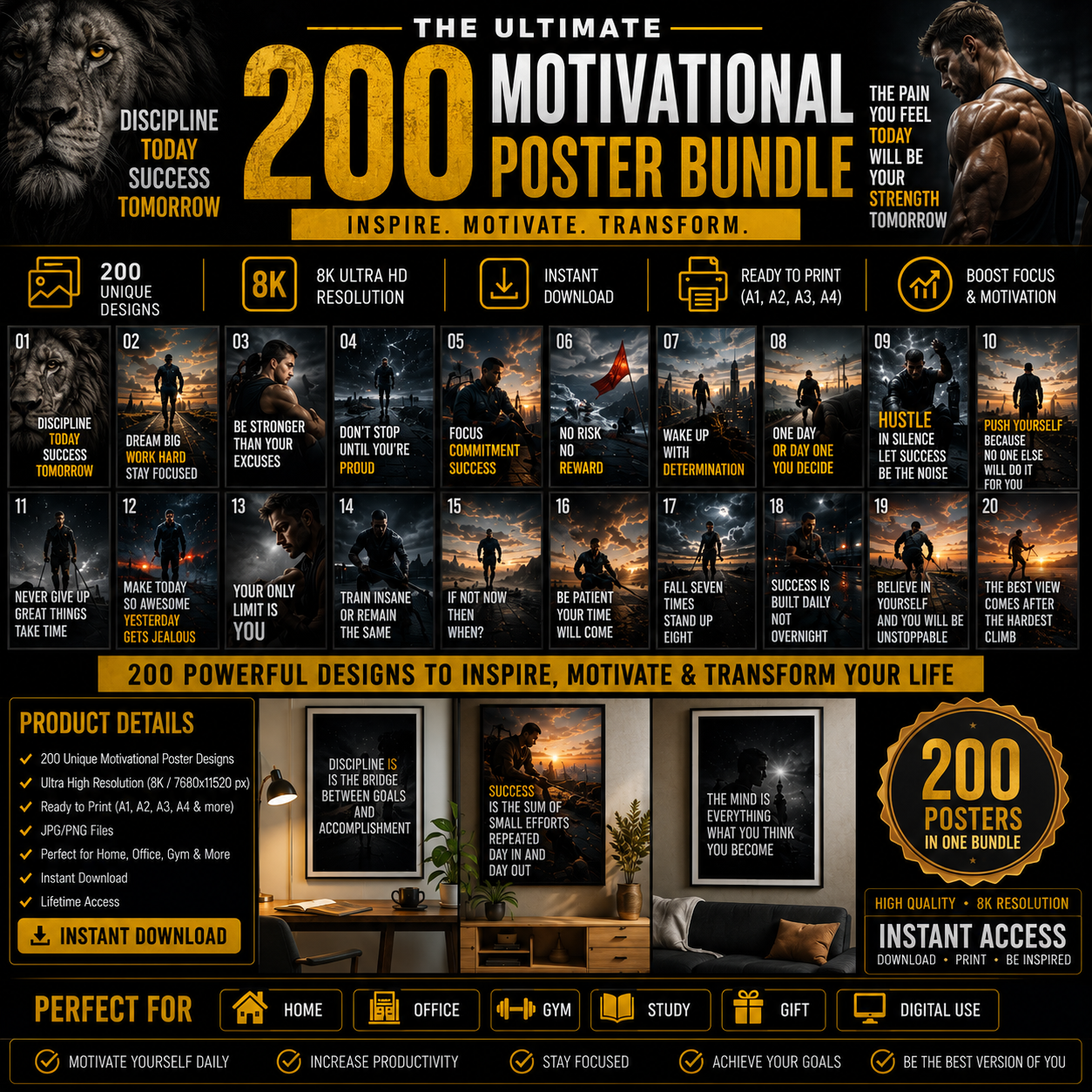 200 Discipline Motivational Poster Prompts Bundle