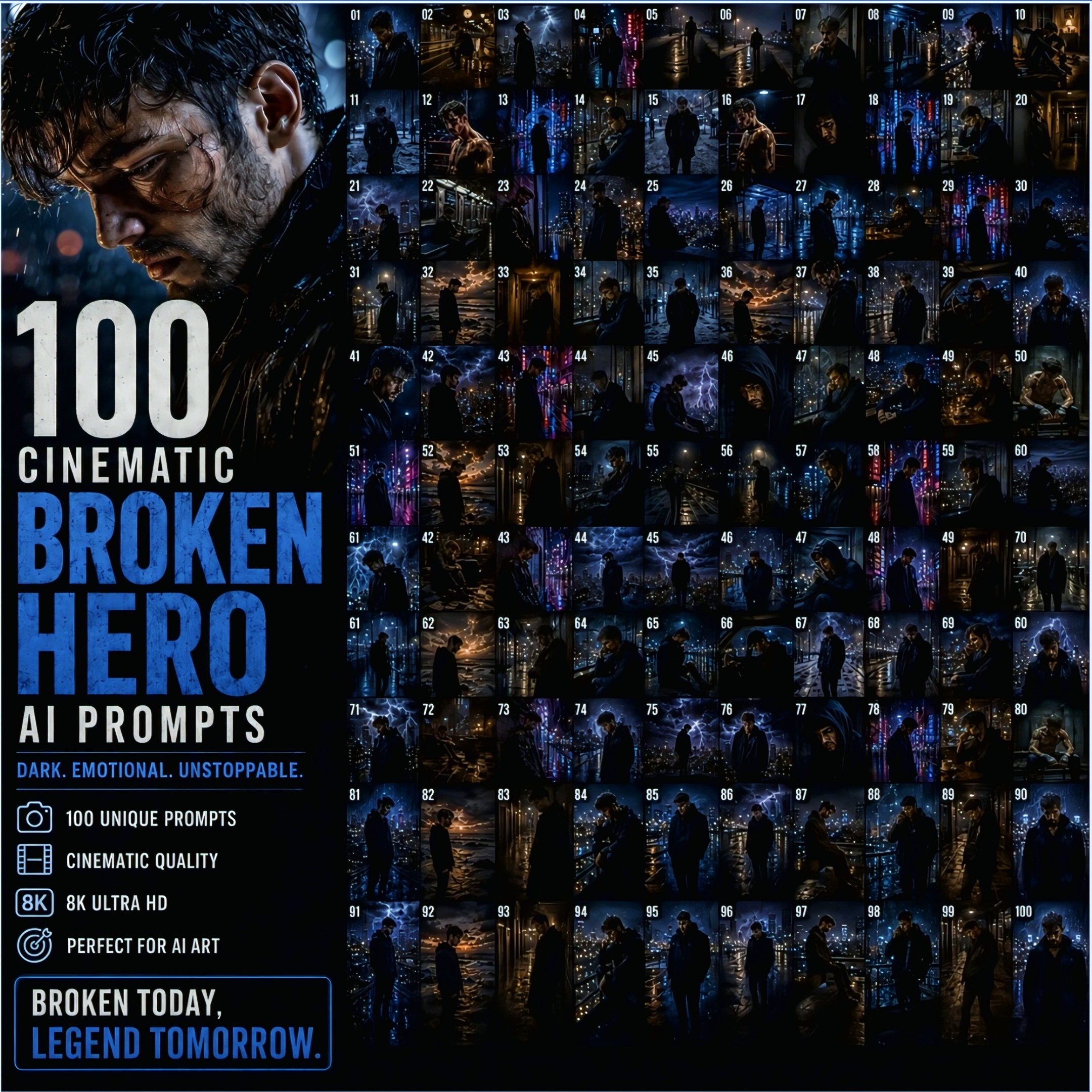 100 Broken Hero AI Prompts | Cinematic Emotional Men Collection