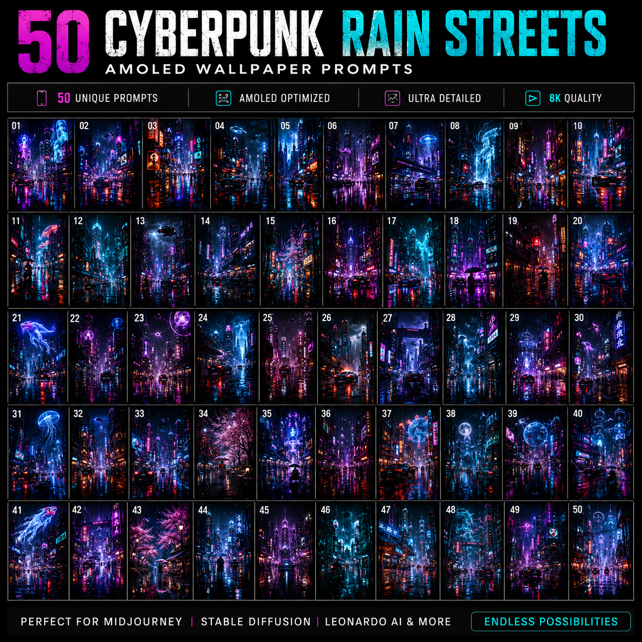 50 Cyberpunk Rain Streets AI Prompts | AMOLED Wallpaper Collection