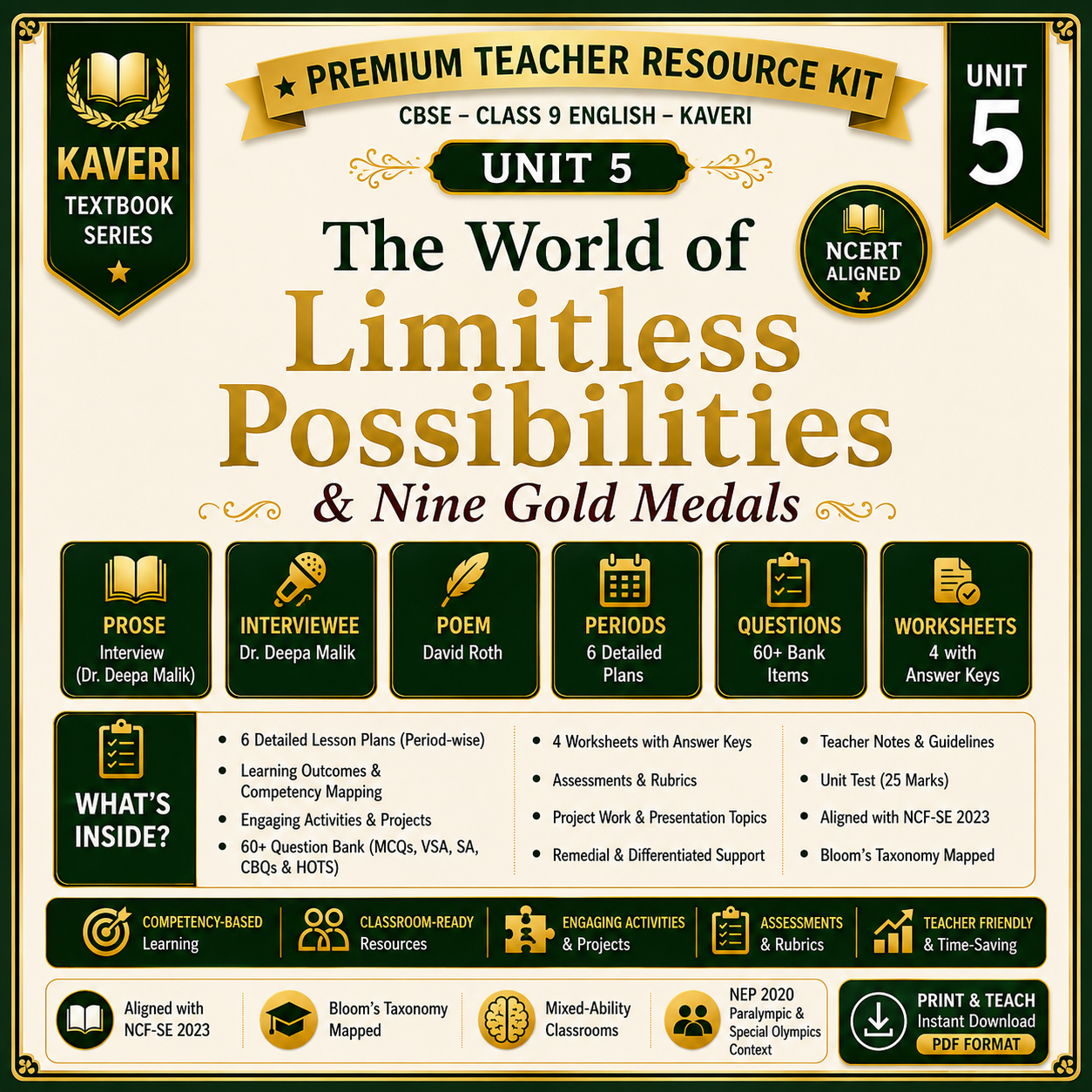 Class IX English NCERT (Kaveri) | Unit 5 – The World of Limitless Possibilities & Nine Gold Medals | Premium Teacher Resource Kit