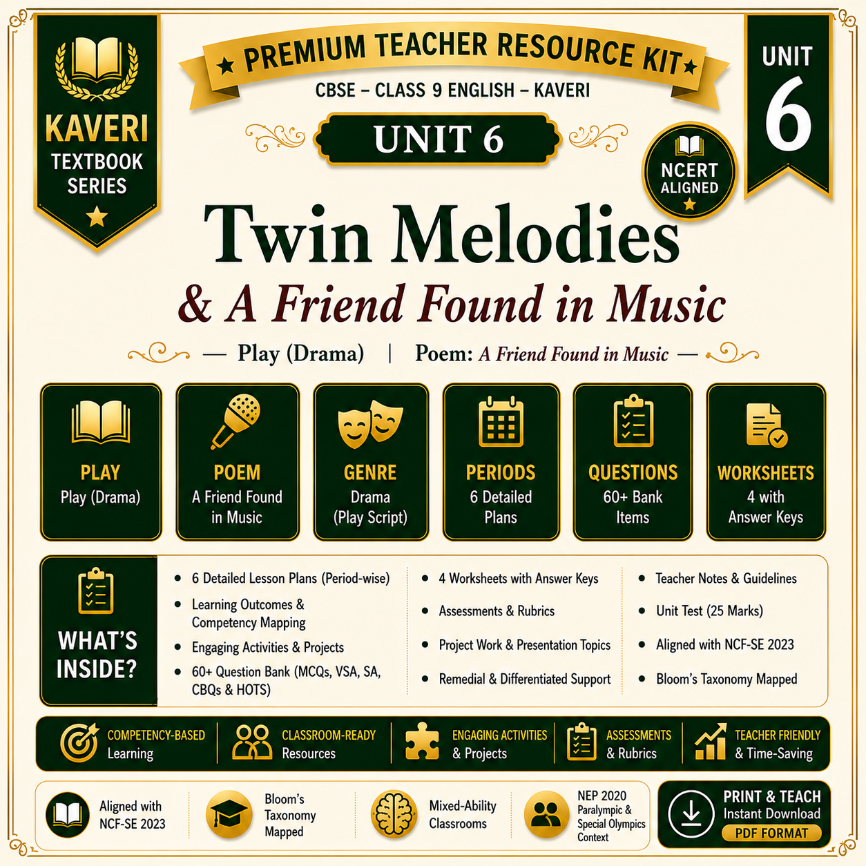 Class IX English (Kaveri) | Unit 6 – Twin Melodies & A Friend Found in Music | Premium Teacher Resource Kit