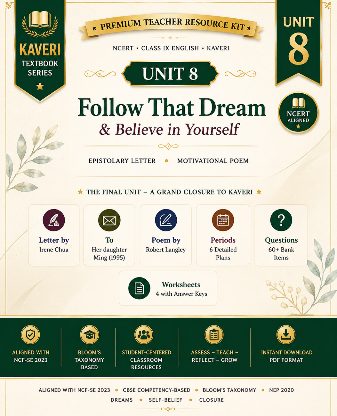 Class IX English NCERT (Kaveri) | Unit 8 – Follow That Dream & Believe in Yourself | Premium Teacher Resource Kit