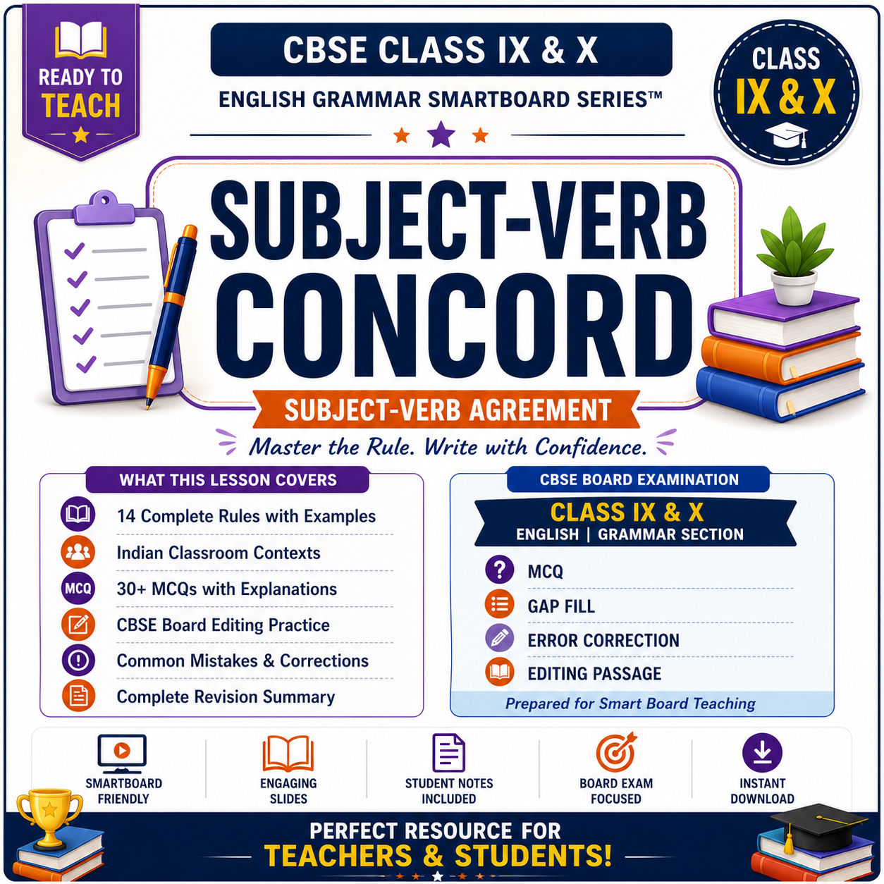 Grammar SmartBoard Series™: Subject-Verb Concord | Interactive Teaching Slides + Student Notes | CBSE Class 9 & 10 | Ready-to-Teach TLM