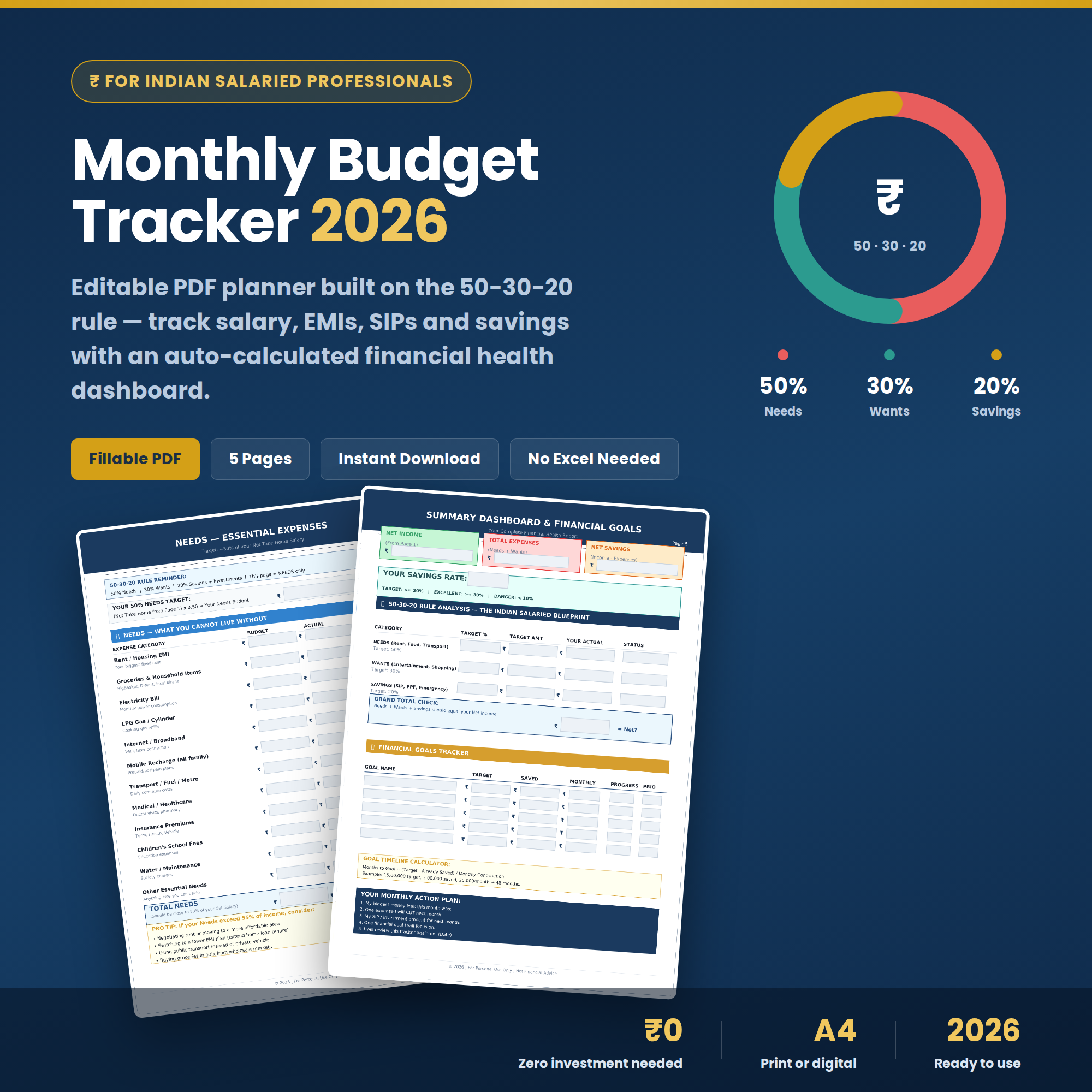 Monthly Budget Tracker 2026 — Editable PDF for Indian Salaried Professionals | 50-30-20 Rule, EMI, SIP & Savings Planner