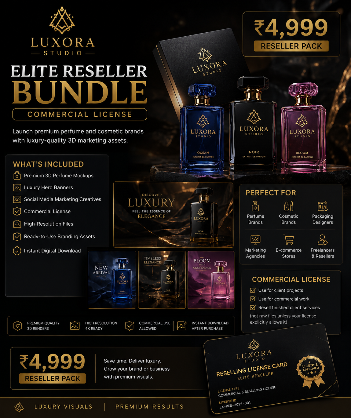 LUXORA Studio – Elite Reseller Bundle (Commercial License) | Premium 3D Perfume Mockups, Hero Banners & Marketing Kit